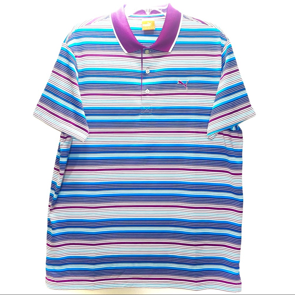 Puma Dry Cell Golf Shirt Mens Striped Short Sleeve Polo Purple Blue White Size L